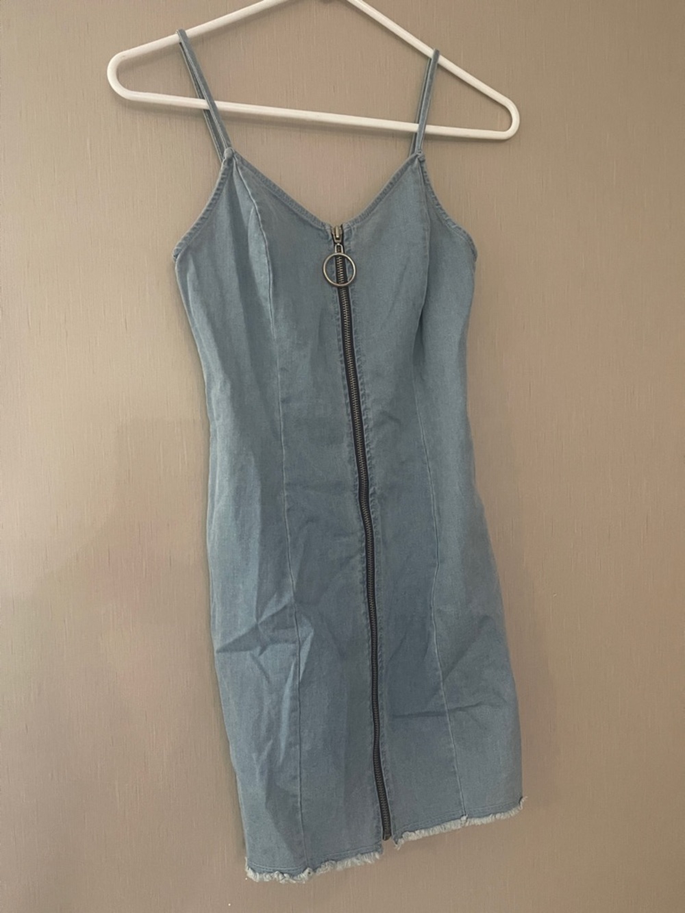 Fashion Nova NWT xs Blue Denim Zip-Front Spaghetti Strap Dress raw hem